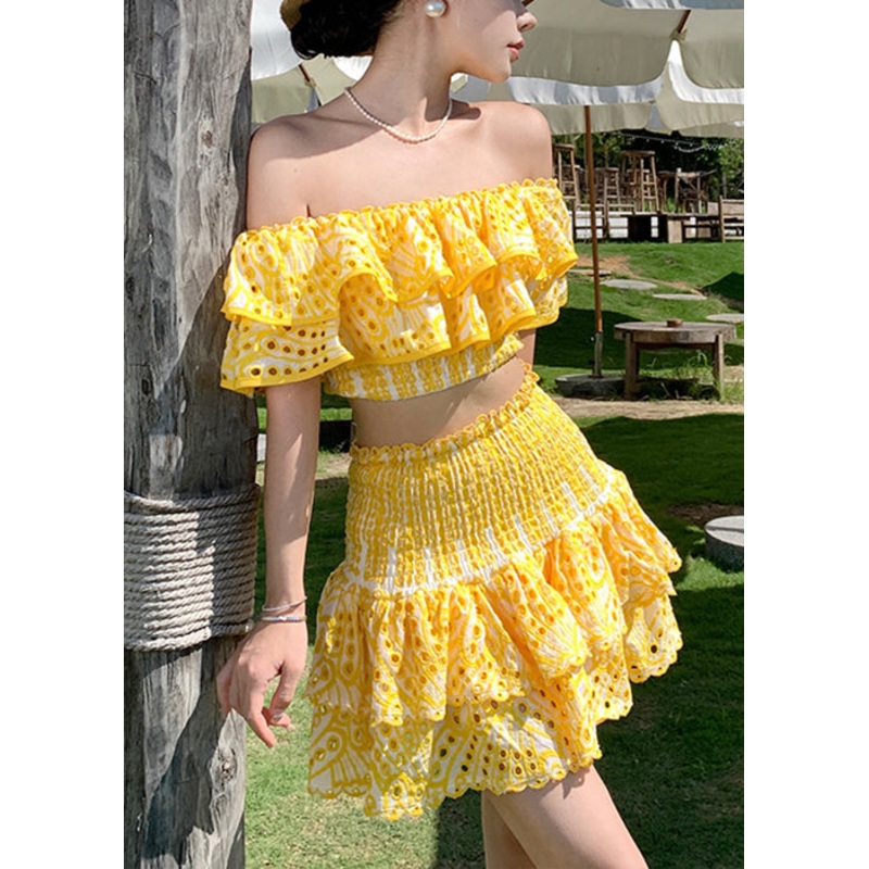 Italian Yellow Slash Neck Hollow Out Cotton 2 Piece Outfit Summer