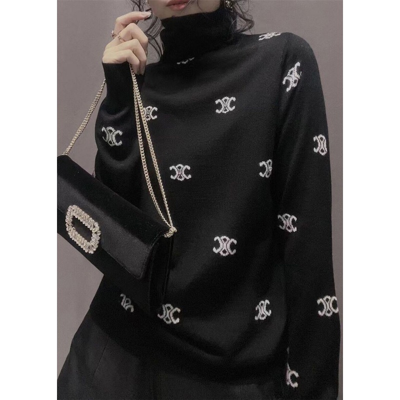 Jacquard Black Turtle Neck knitting Cotton Top Long Sleeve