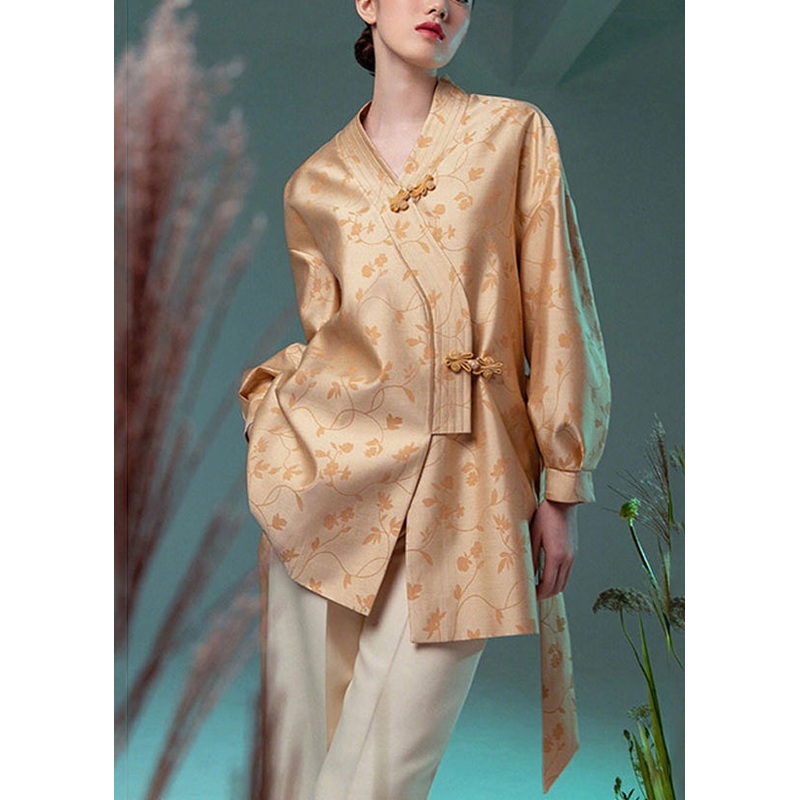 Jacquard Yellow V Neck Chinese Button Silk Coat Long Sleeve