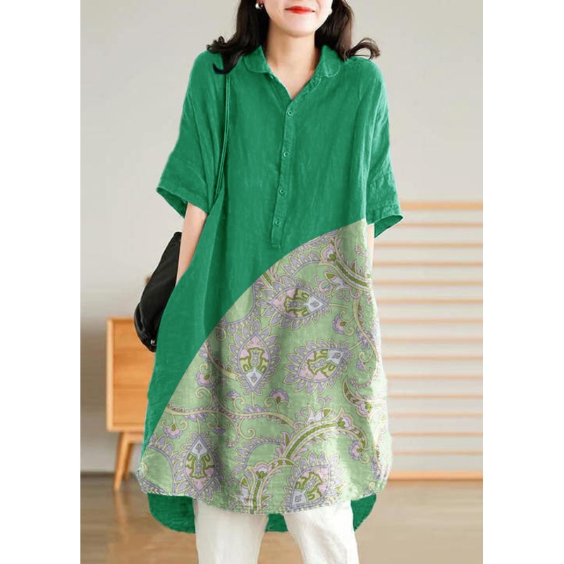 Jade  green cashew nuts Linen Women Casual Linen Shirt Dress