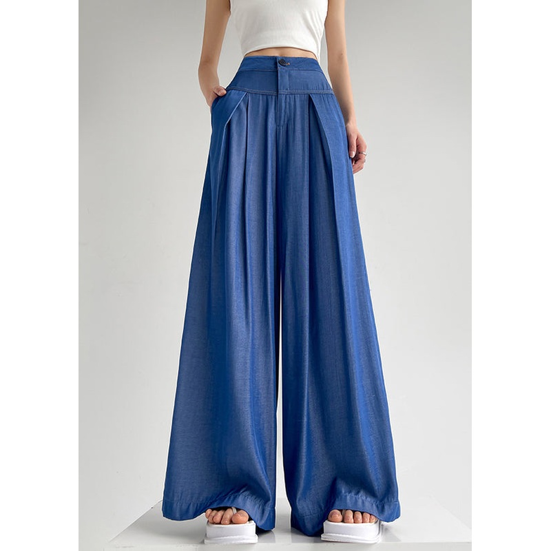 Light Blue Button Denim Wide Leg Pants High Waist