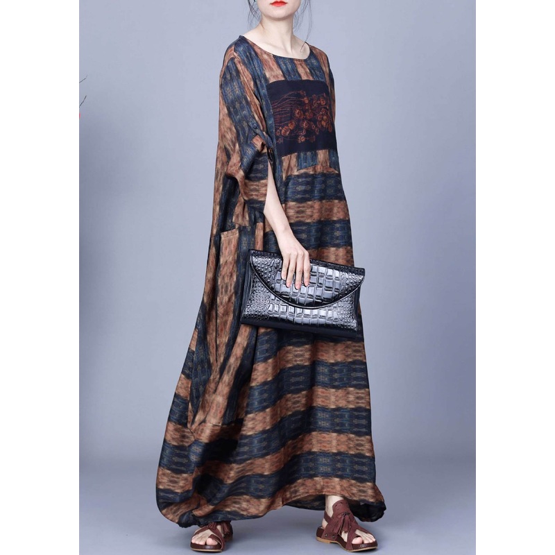 Loose Blue Striped O Neck Silk Maxi Dresses Bracelet Sleeve