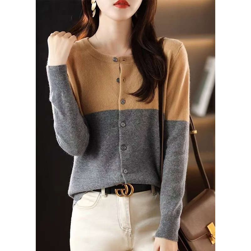 Loose Camel Patchwork Button Wool Knit Cardigans Fall