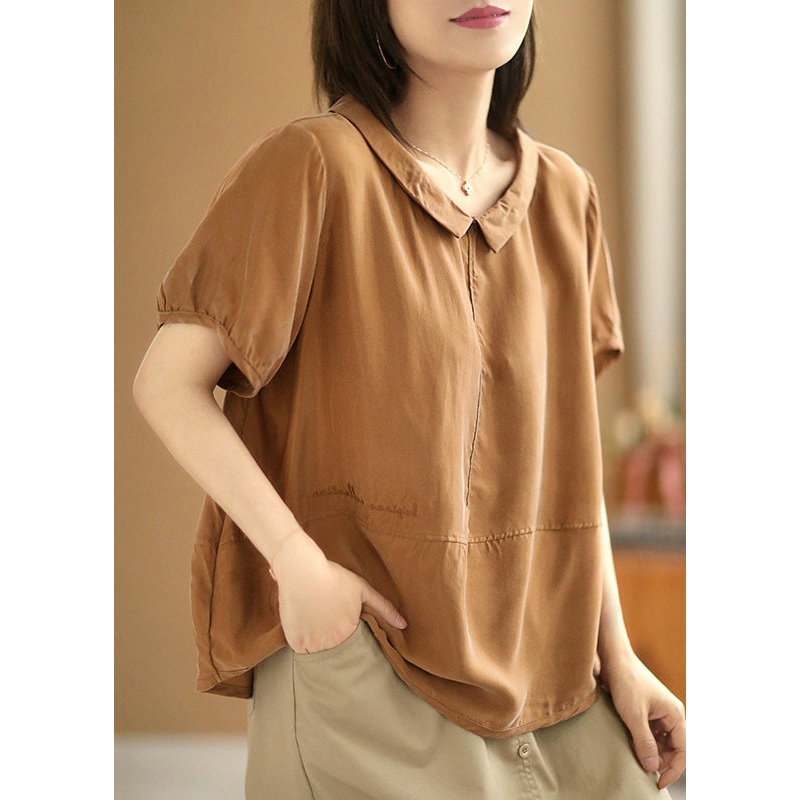 Loose Caramel Peter Pan Collar Solid Silk Cotton Tops Summer