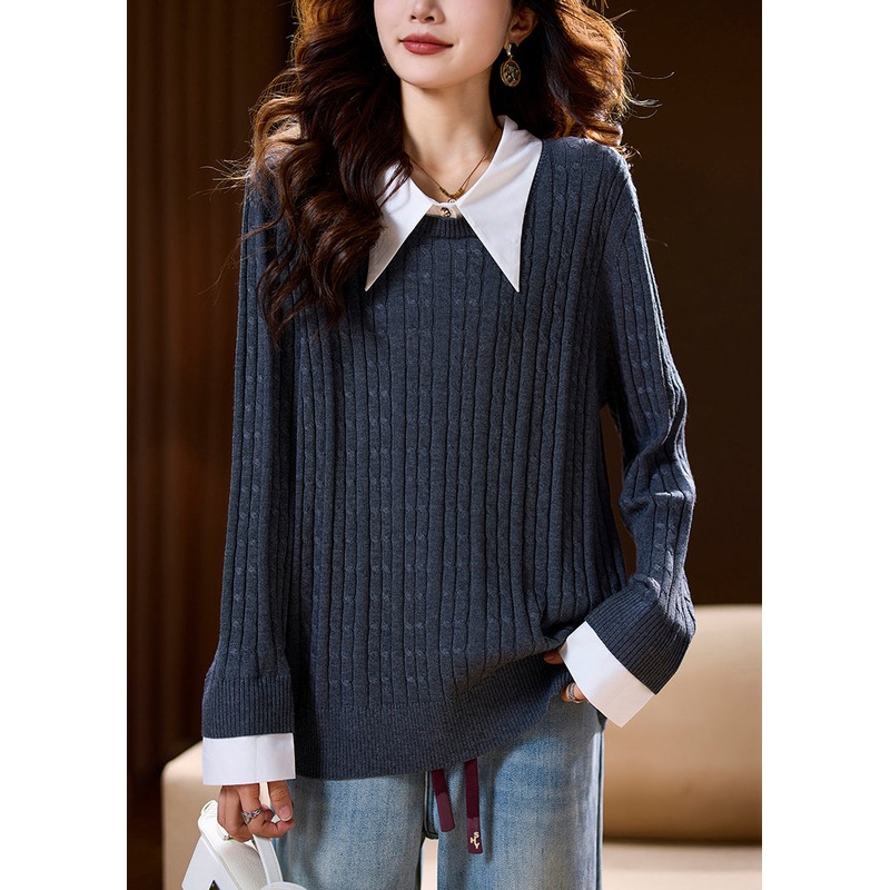 Loose Dark Gray Peter Pan Collar Patchwork Knit Sweater Spring