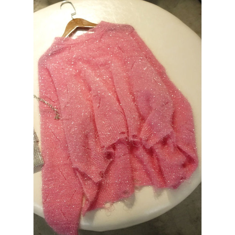 Loose Pink Hollow Out Low High Design Knit Top Long Sleeve