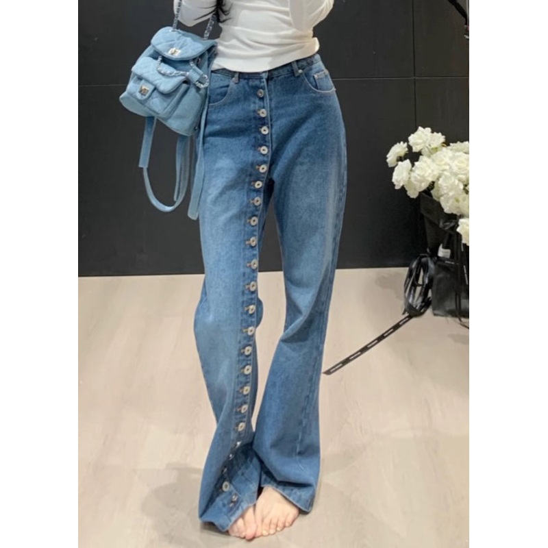 Modern Blue Asymmetrical Button High Waist Denim Straight Pants Spring