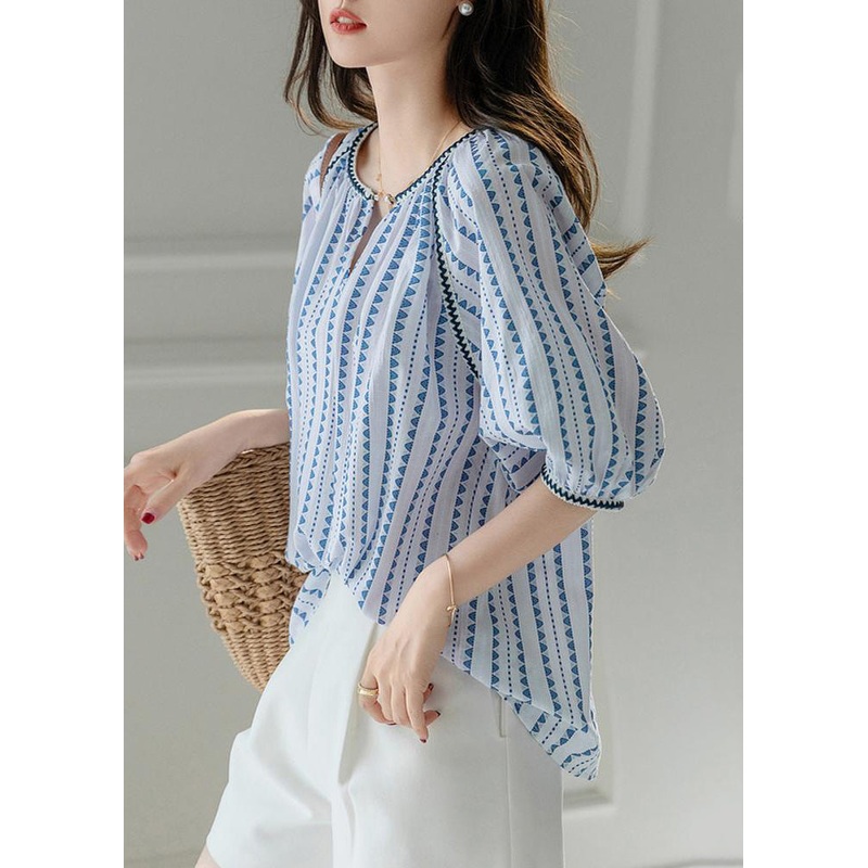 Modern Blue O-Neck Chiffon Print Shirts Puff Sleeve
