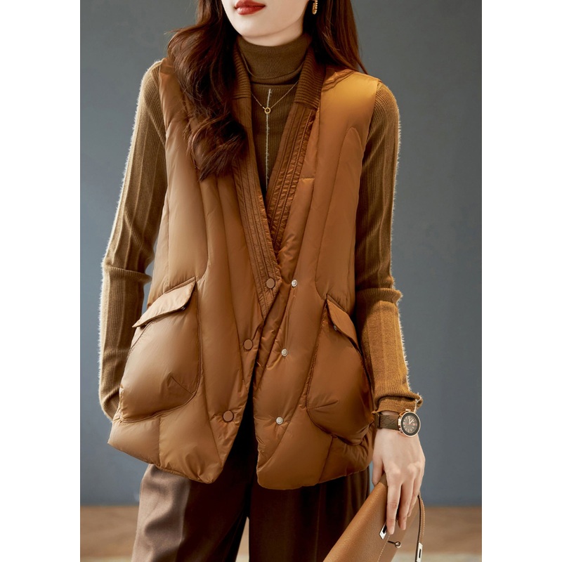 Modern Coffee V Neck Pockets Duck Down Down Vests Winter