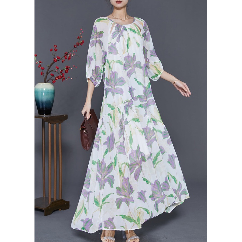 Modern White Tulip Print Chiffon Long Dress Summer