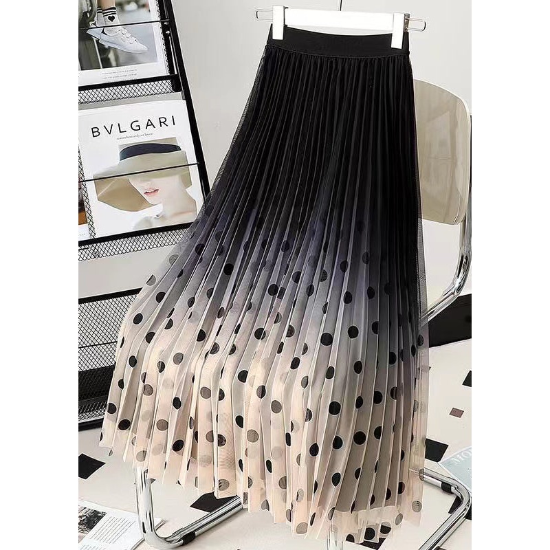 Natural Black Coffee Gradient Dot Print Tulle Pleated Skirt Spring