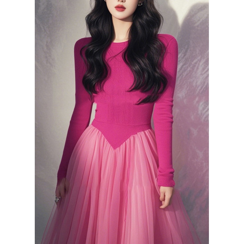 Natural Pink O-Neck Knit Maxi Dress Spring