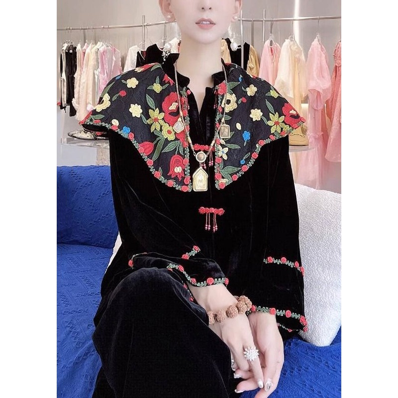 New Black Embroidered Button Silk Velour Shirt Long Sleeve