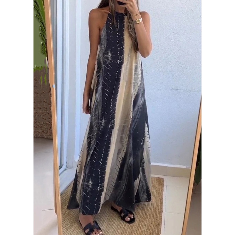 New Colorblock Backless Print Cotton Maxi Dress Sleeveless