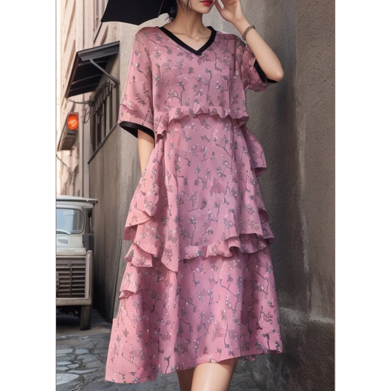 New Pink V Neck Ruffled Print Cotton Dress Short Sleeve