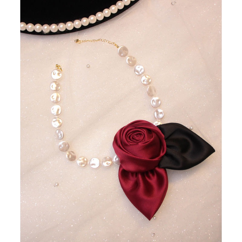 New Red Alloy Pearl Beading Fabric Art Floral Pendant Necklace