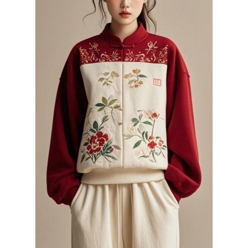 New Red Print Patchwork Cotton Pullover Sweatshirt Fall
