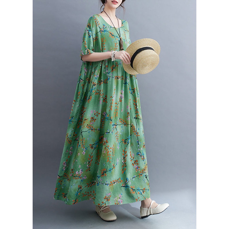 Organic Green O-Neck Patchwork Wrinkled Long Dress Summer