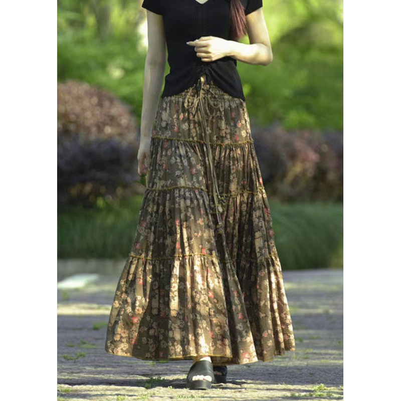 Original Brown Ruffled Print Patchwork Cotton Skirt Spring