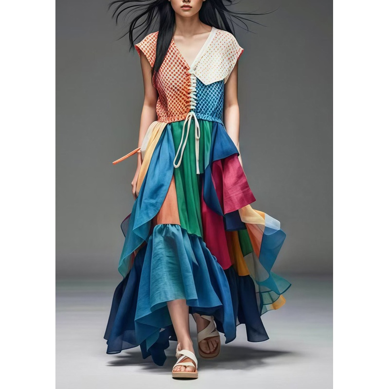 Peacock Blue Patchwork Cotton Dress Extra Large Hem Summer