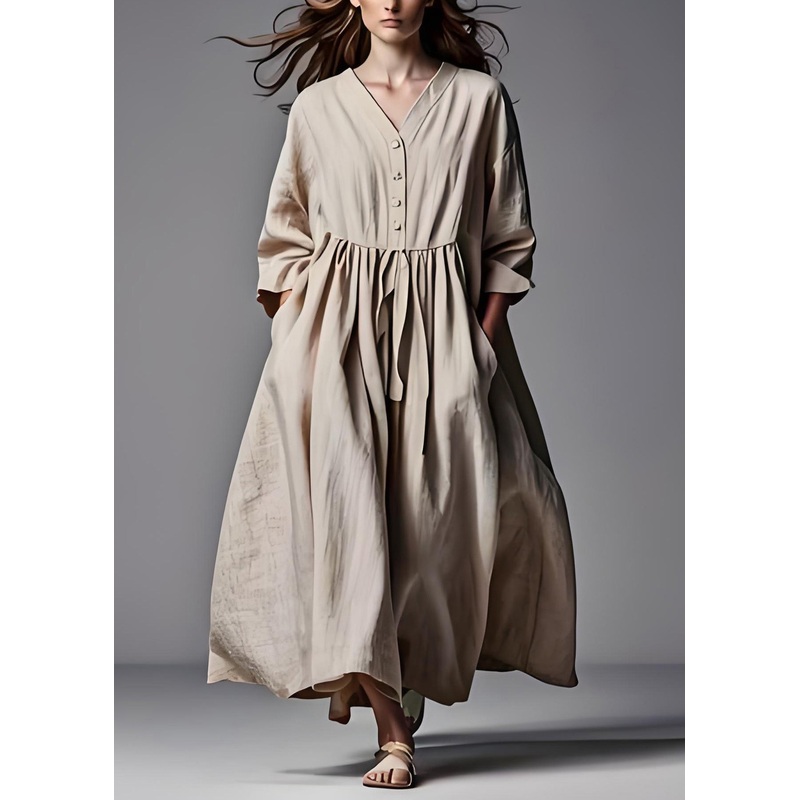 Plus Size Beige V Neck Wrinkled Patchwork Cotton Dresses Long Sleeve