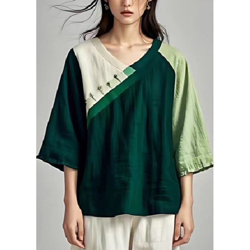 Plus Size Blackish Green Oversized Patchwork Linen Shirts Summer
