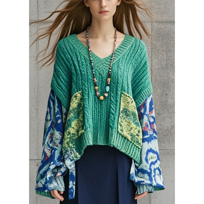 Plus Size Lake Green Oversized Patchwork Knit Sweater Fall