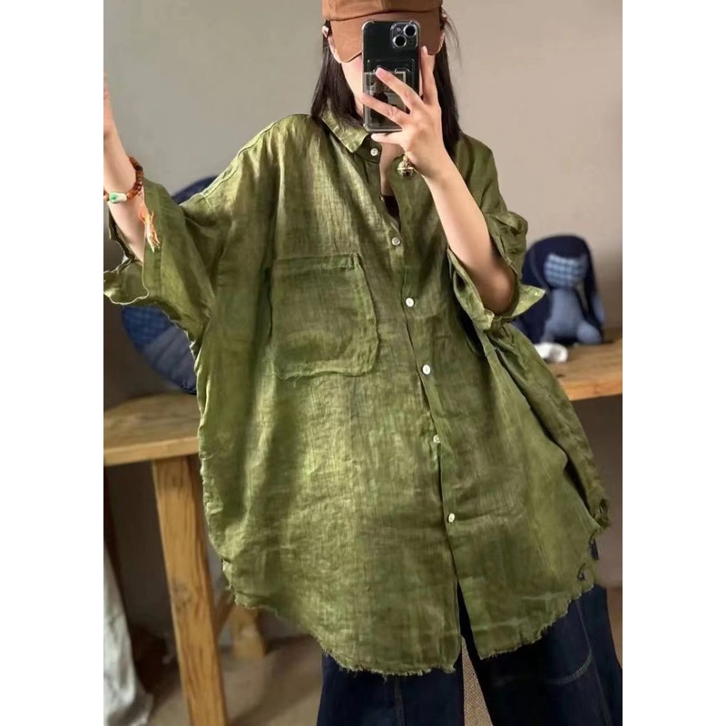 Plus Size Women Green Peter Pan Collar Linen Shirt Tops Half Sleeve