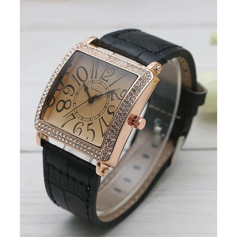 Retro Black Alloy Zircon Faux Leather Sapphire Crystal Waterproof Square Watch