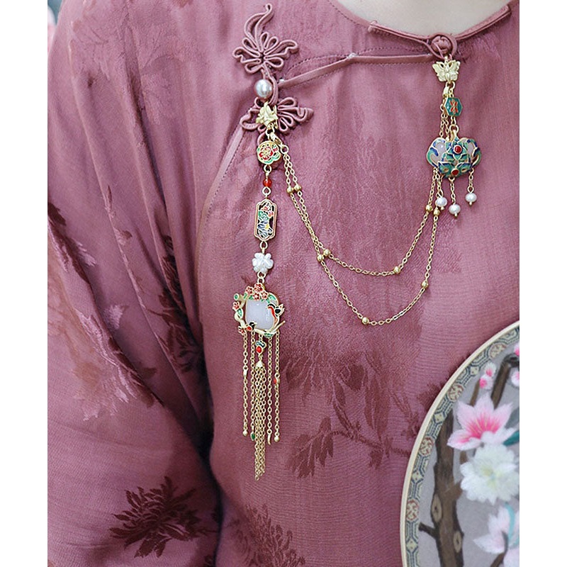 Retro Gold Overgild Pearl Jade Floral Little Bird Tassel Brooch