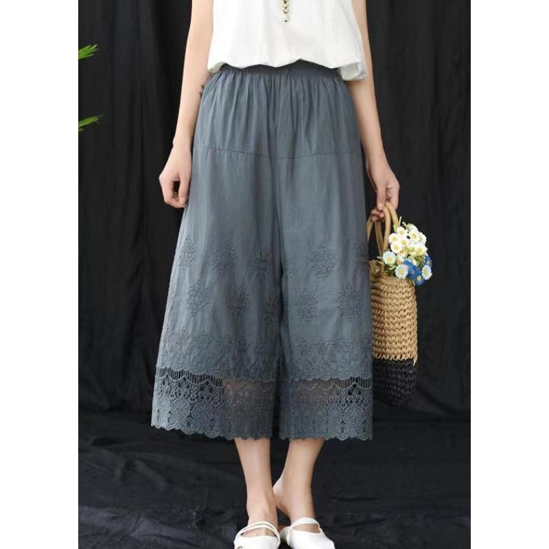 Retro Grayish Blue Hollow Out Embroideried Wide Leg Crop Pants Summer