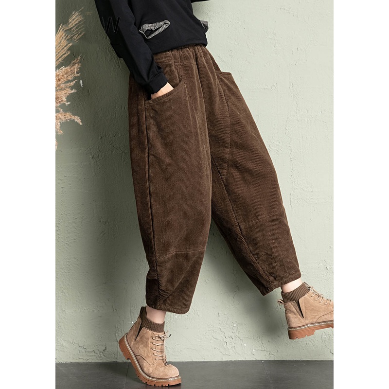 Simple Coffee Pockets Elastic Waist Corduroy Crop Pants Spring