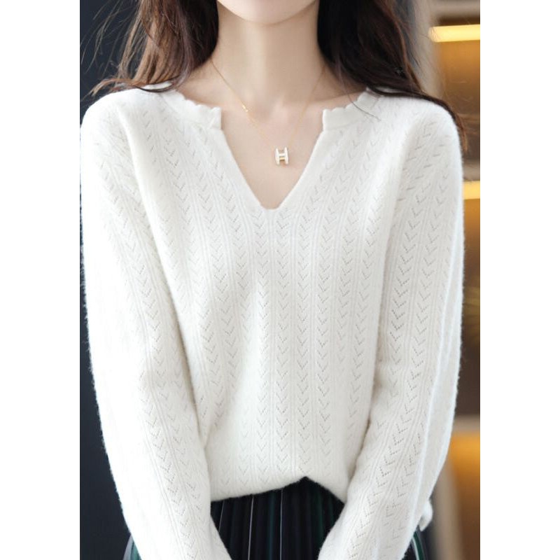 Simple White V Neck Ruffled Cotton Knit Sweaters Fall