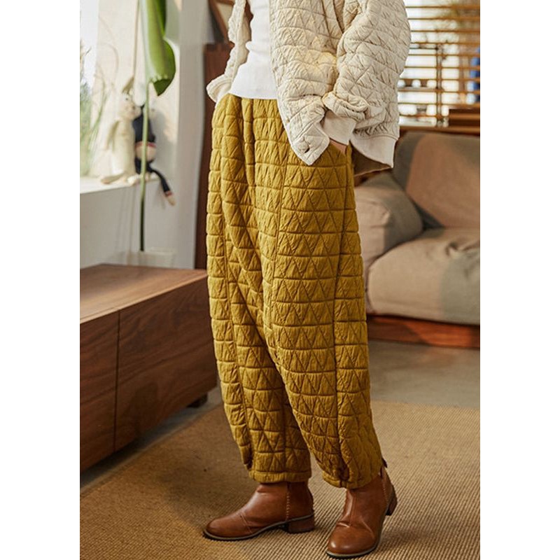 Simple Yellow Solid Elastic Waist Cotton Filled Pants Winter