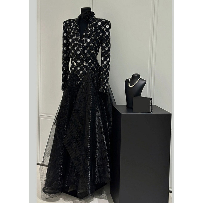 Slim Fit Black Plaid Patchwork Tulle Maxi Dress Fall