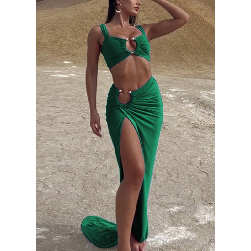 Slim Fit Green Wrinkled Side Open Cotton 2 Piece Outfit Sleeveless