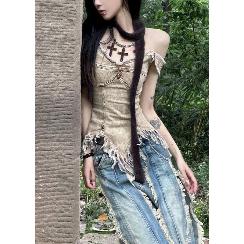 Slim Fit Khaki V Neck Asymmetrical Denim Tank Sleeveless