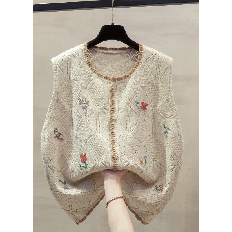 Unique Beige O-Neck Embroidered Floral Cotton Knit Waistcoat Fall