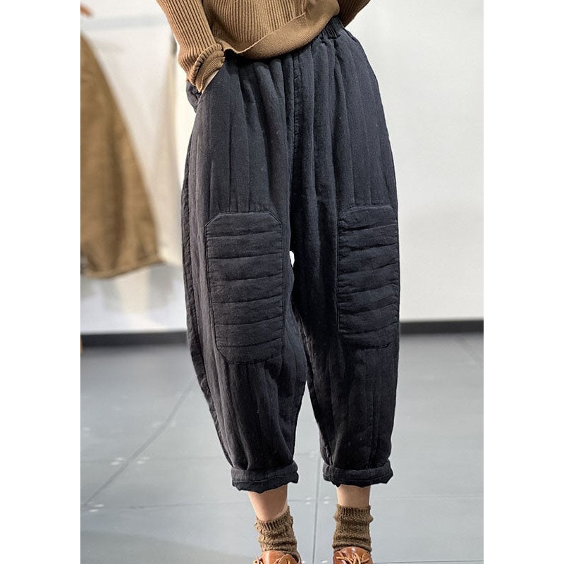 Vintage Black Pockets Elastic Waist Thick Warm Harem Pants Winter