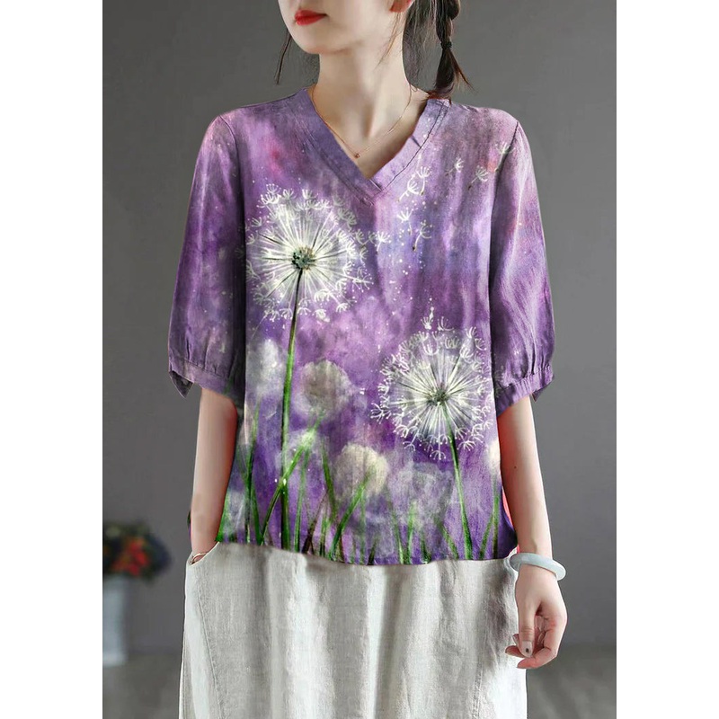 Vintage Purple Dandelion V Neck Embroidered Top Half Sleeve