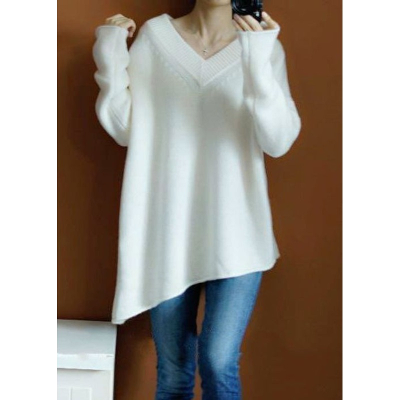 White Solid Cozy Knit Sweaters Top V Neck Spring