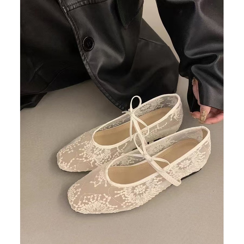 Women Beige Breathable Mesh Embroidered Flats Splicing Bow
