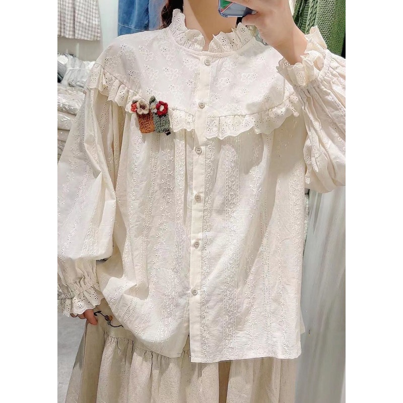 Women Beige Embroidered Hollow Out Cotton Blouse Spring