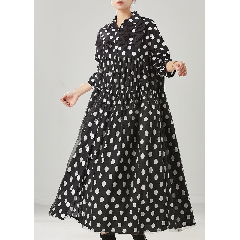 Women Black Dot Print Bow Tullle Long Dresses Spring