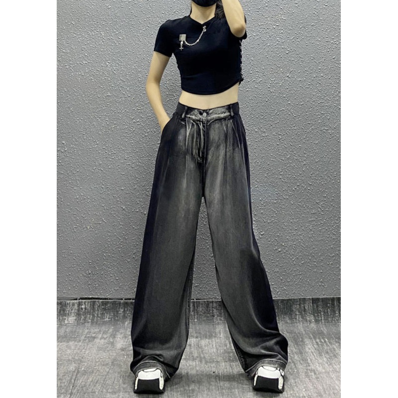 Women Black Grey Pockets Patchwork Denim Wide Leg Pants Fall