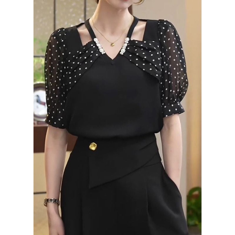 Women Black Patchwork Dot Print Hollow Out Chiffon Shirt Short Sleeve