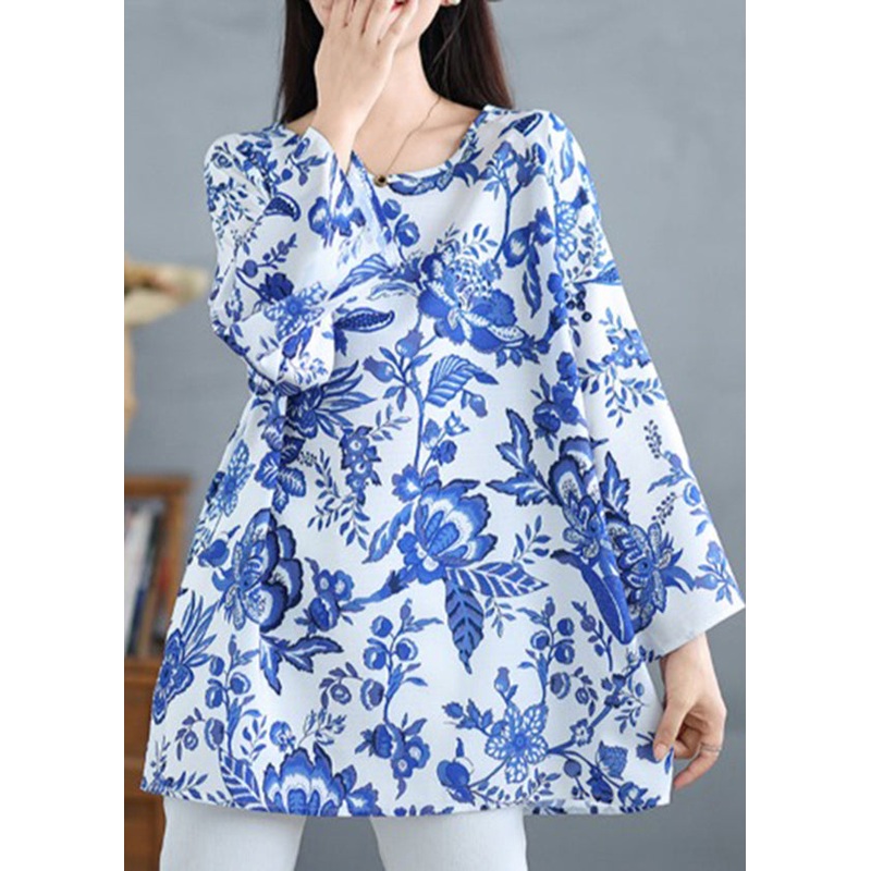 Women Blue O Neck Print Plus Size Cotton Tops Fall