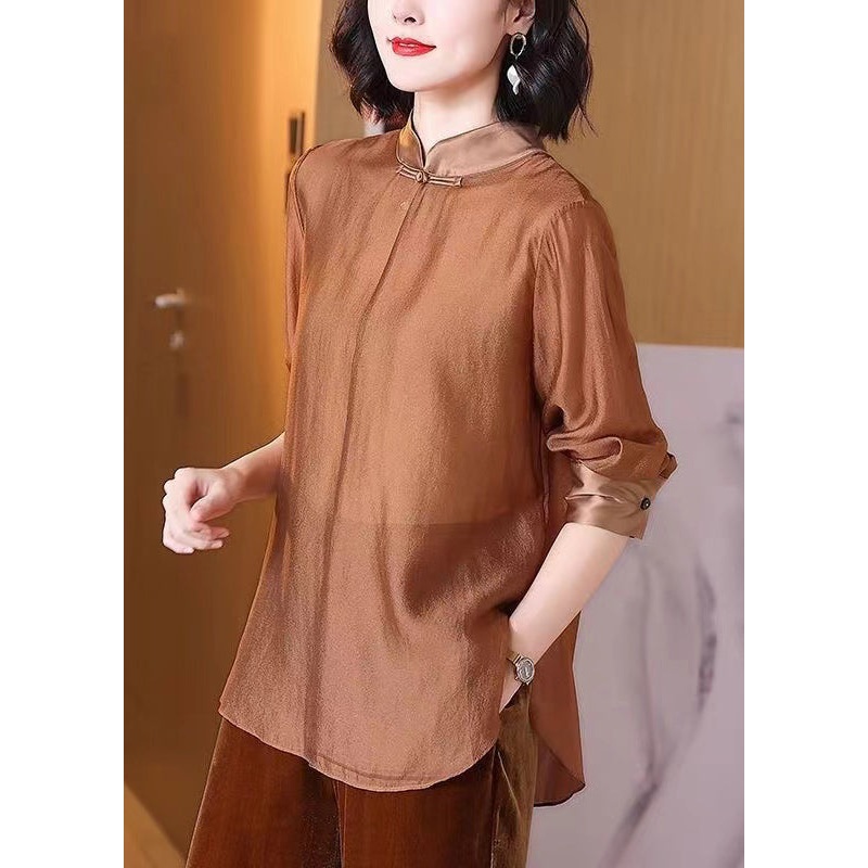 Women Coffee Stand Collar Button Cotton Shirt Spring
