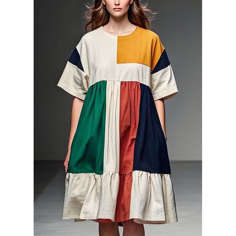 Women Colorblock O Neck Patchwork Linen Mid Dress Summer
