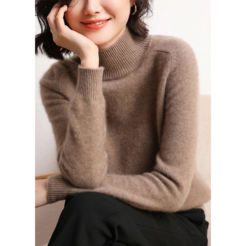 Women Dark Camel Turtleneck Solid Cashmer Sweaters Winter
